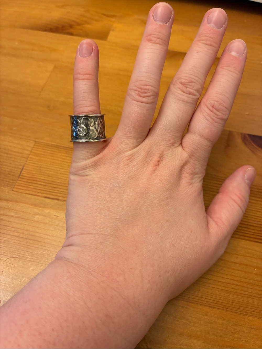 Silver handmade chunky engraved floral ring